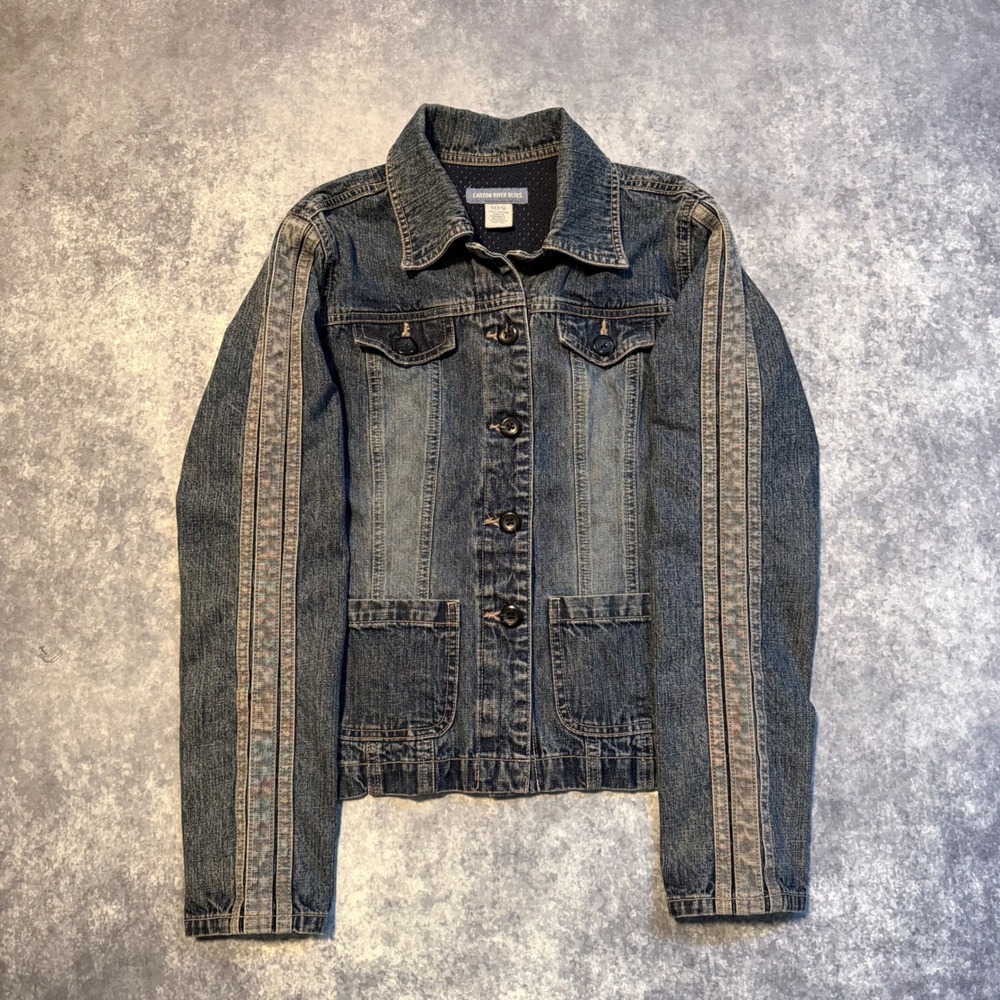 Y2K Canyon River Blues Womens Blue Denim Jacket Side Stripe Button Up Size S 3-5